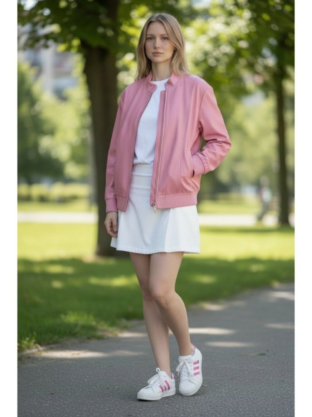 St. John Sport By Marie Gray Pink Leather Jacket Size L With Full Zip Front & Po - Picture 4 of 16